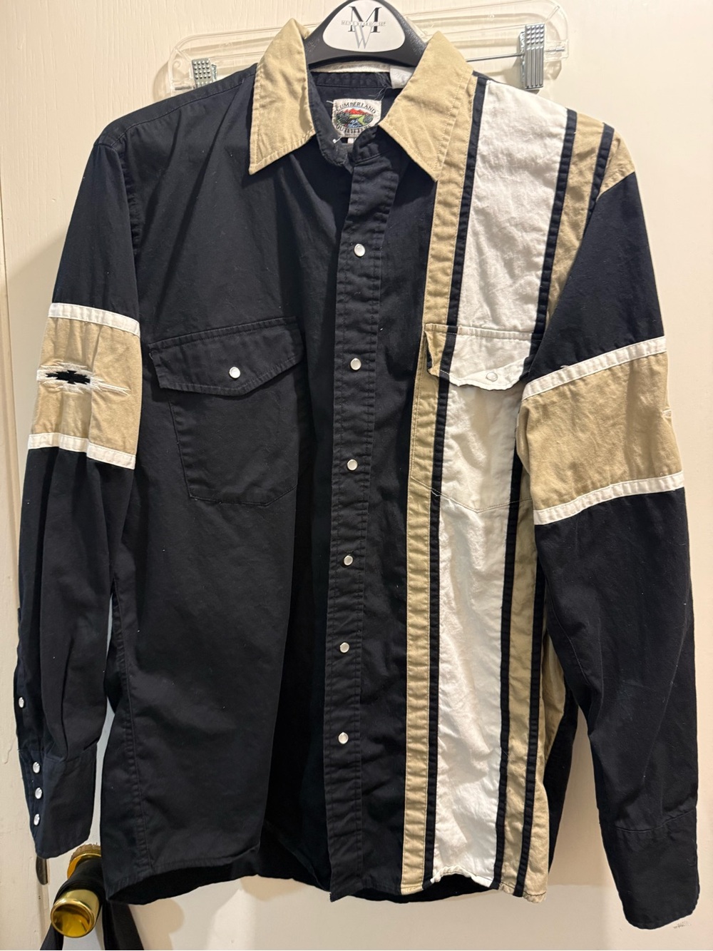 Vintage 90s Western Aztec Pearl snap Shirt in Black, Beige & White